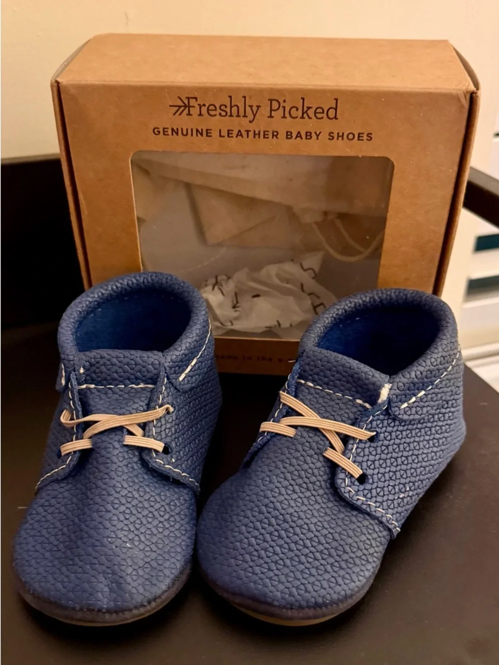 Freshly Picked Navy Blue Leather Baby Moccasins with Tan Laces